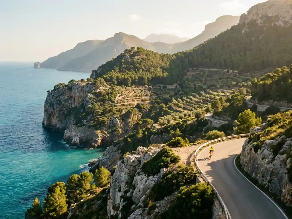 Radfahrer auf Küstenstraße in Mallorcas Tramuntana-Bergen mit türkisfarbenem Meer und Klippen