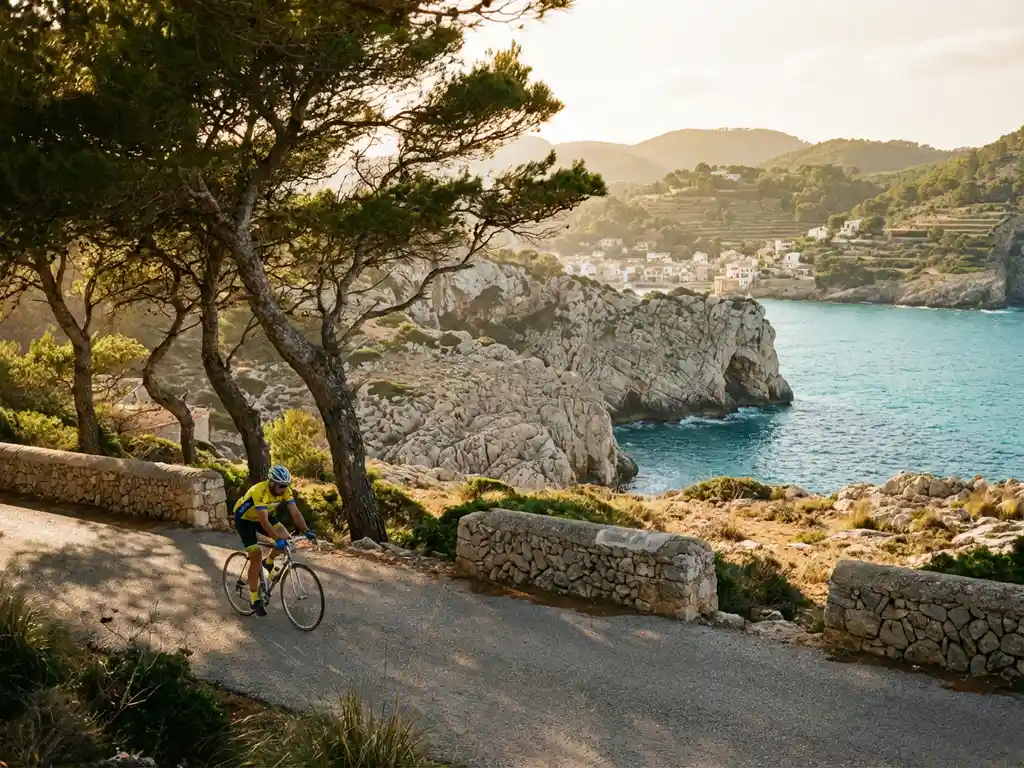 Radfahrer auf Küstenstraße entlang Kalksteinklippen über türkisem Mittelmeer, Mallorca bei goldenem Sonnenlicht