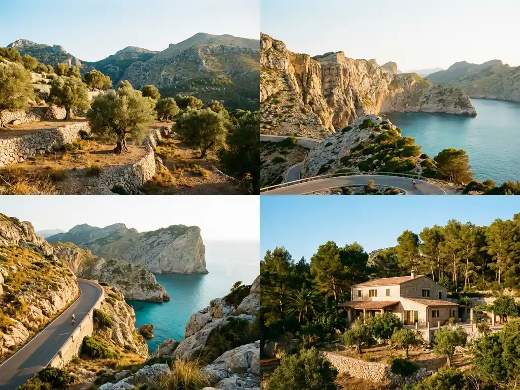 Mallorquinische Küstenlandschaft mit terrassierten Olivenhainen, Radweg durch Kalksteinklippen und türkisfarbener Bucht