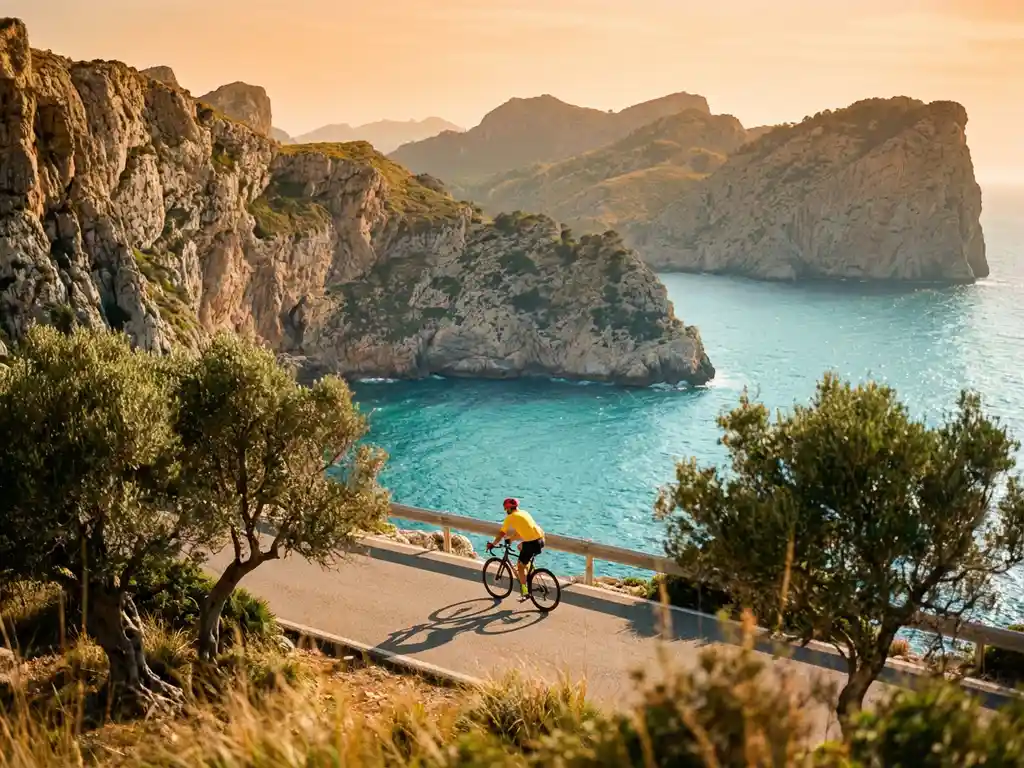 Radfahrer auf Küstenstraße in Mallorca mit Tramuntana-Bergen, Klippen und türkisfarbenem Mittelmeer im Hintergrund