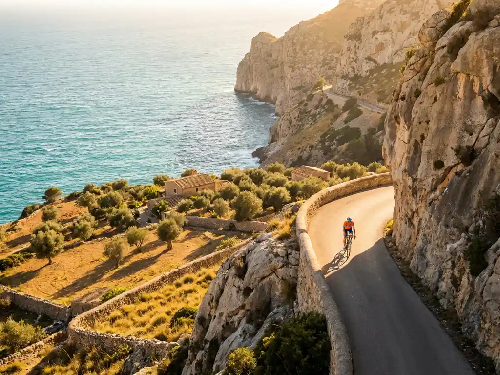 Radfahrer auf kurvenreicher Küstenstraße entlang dramatischer Klippen über dem türkisfarbenen Mittelmeer in Mallorca