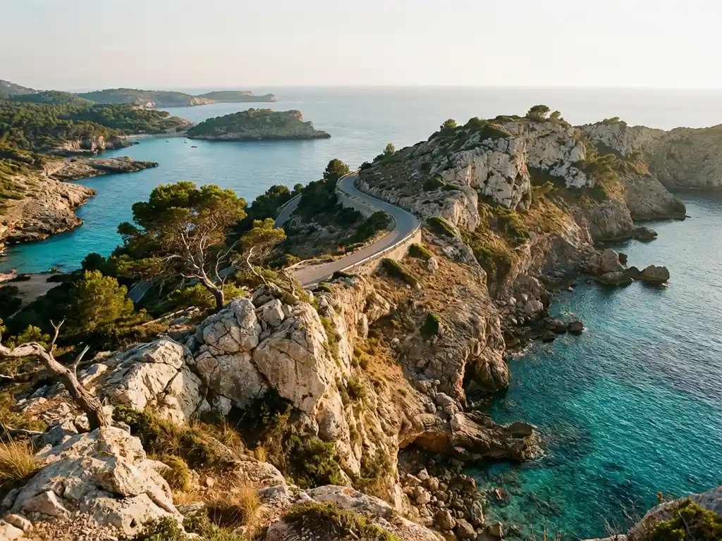 Mallorca's kustfietspad langs dramatische kalkstenen kliffen met turquoise zee en pijnbomen in gouden zonlicht
