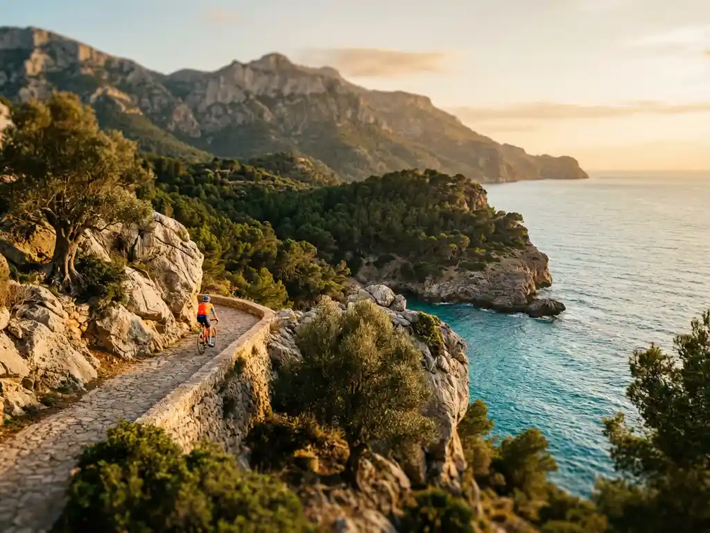Eenzame wielrenner fietst langs kustpad op kliffen van Mallorca met turquoise zee en Tramuntana bergen op achtergrond