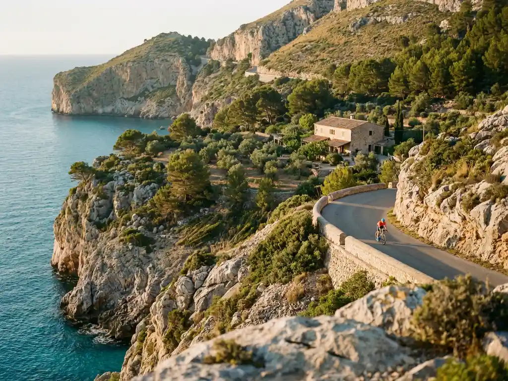 Fietser op kustweg langs dramatische kliffen en turquoise zee in Mallorca, met traditionele finca tussen olijfbomen