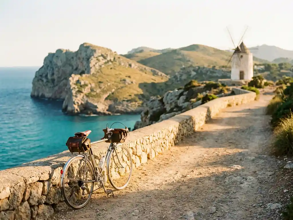Fiets geparkeerd op kustpad langs dramatische kliffen van Mallorca met turkooize Middellandse Zee en traditionele windmolen