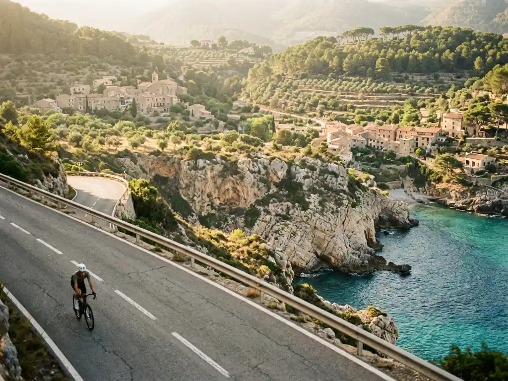 Mediterrane kustweg langs kliffen met turquoise zee, traditionele dorpen en olijfboomgaarden op Mallorca
