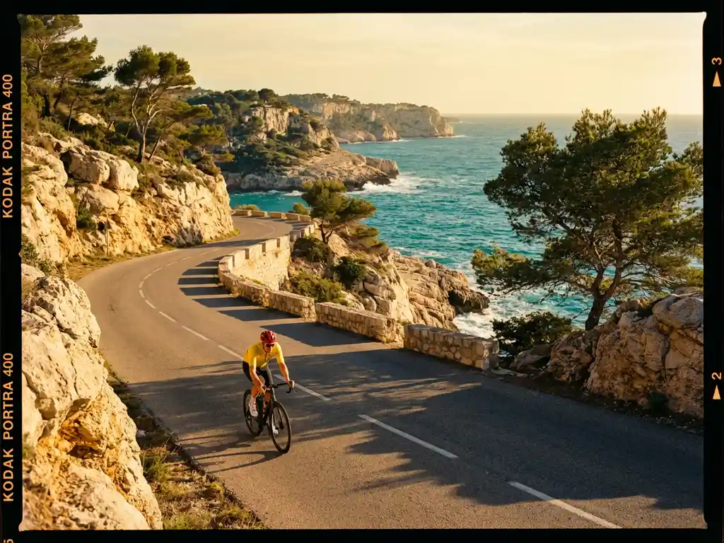 Fietser in sportkleding rijdt langs kustweg door gouden kliffen boven turquoise Middellandse Zee op Mallorca