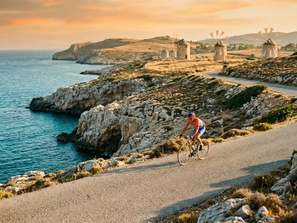 Fietser in sportkleding rijdt langs dramatische kustweg met kalkstenen kliffen en turquoise zee op Mallorca