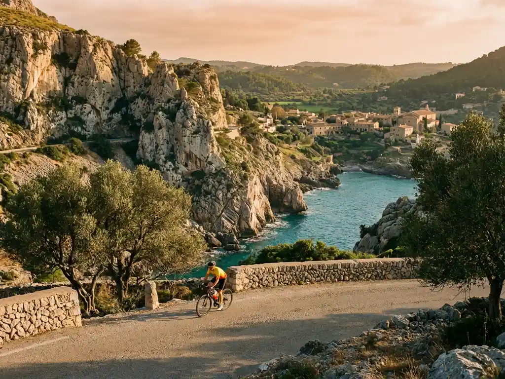 Fietser in felgekleurde kleding rijdt langs kronkelende kustweg door kalkstenen kliffen boven turkooizen Middellandse Zee
