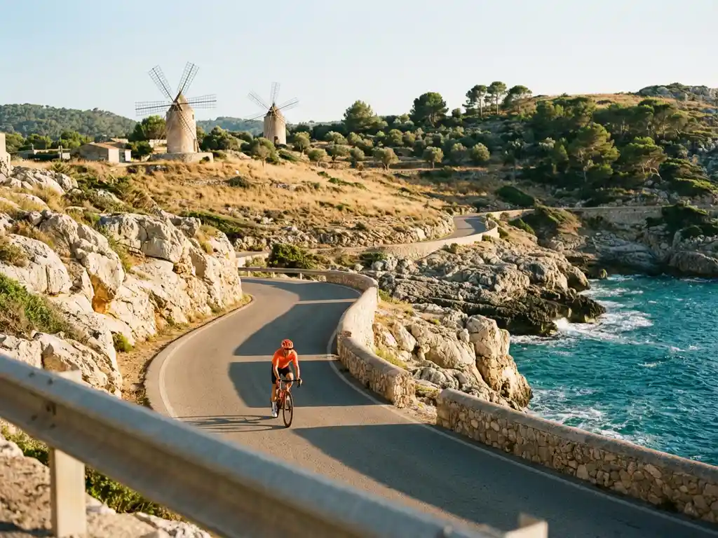 Fietser in felgekleurde kleding rijdt langs dramatische kustweg met kalksteenkliffen en turquoise Middellandse Zee op Mallorca