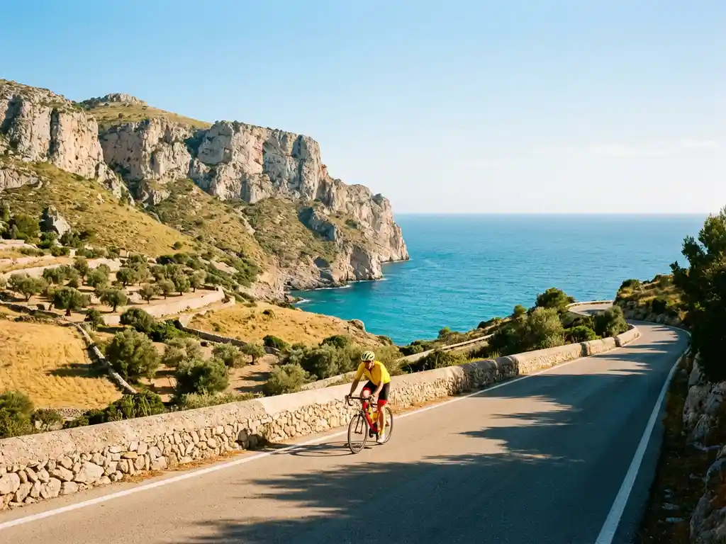 Fietser in sportkleding rijdt langs kustweg door kalkstenen kliffen boven turquoise Middellandse Zee op Mallorca