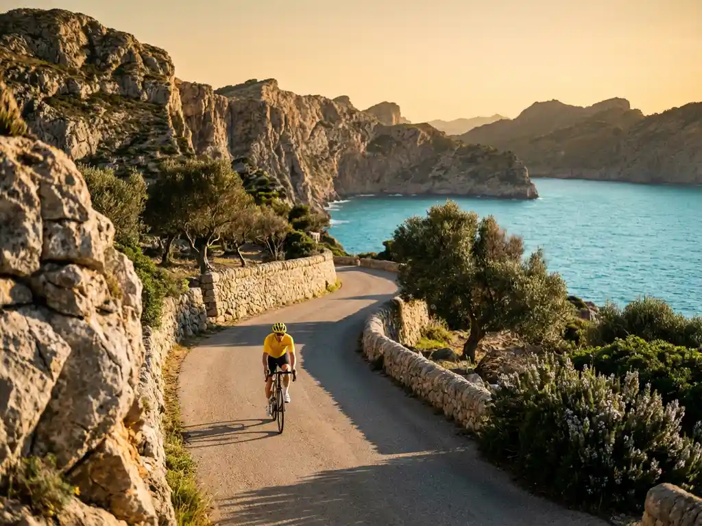 Fietser in sportkleding rijdt langs kustweg door Tramuntana-gebergte op Mallorca met Middellandse Zee op achtergrond