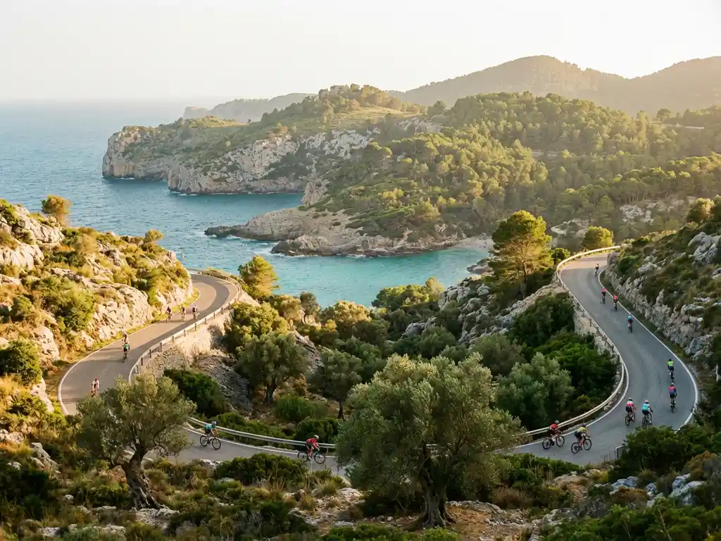 Fietsers rijden langs dramatische kalksteenkliffen van Mallorca met turquoise Middellandse Zee en olijfboomgaarden