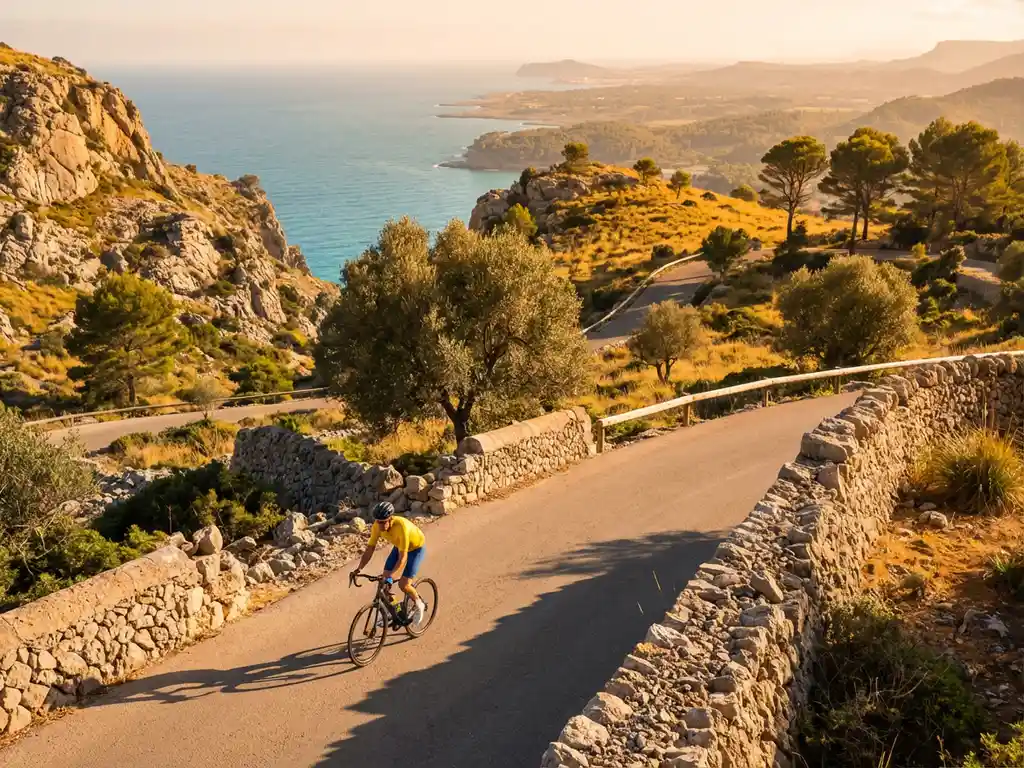 Fietser in kleurrijke sportkleding op kronkelende kustweg door kalkstenen kliffen boven turkooizen Middellandse Zee op Mallorca