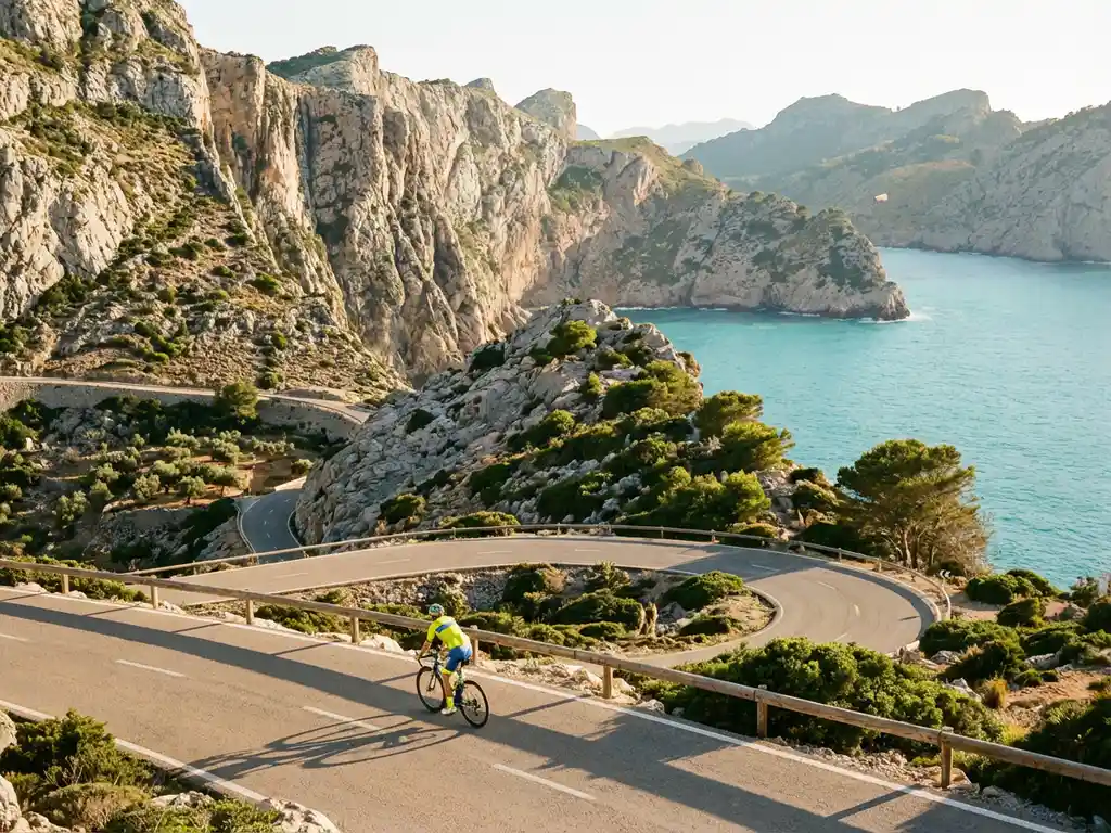 Fietser op kronkelende kustweg door kalksteenklippen boven turkooizen Middellandse Zee op Mallorca bij zonsondergang