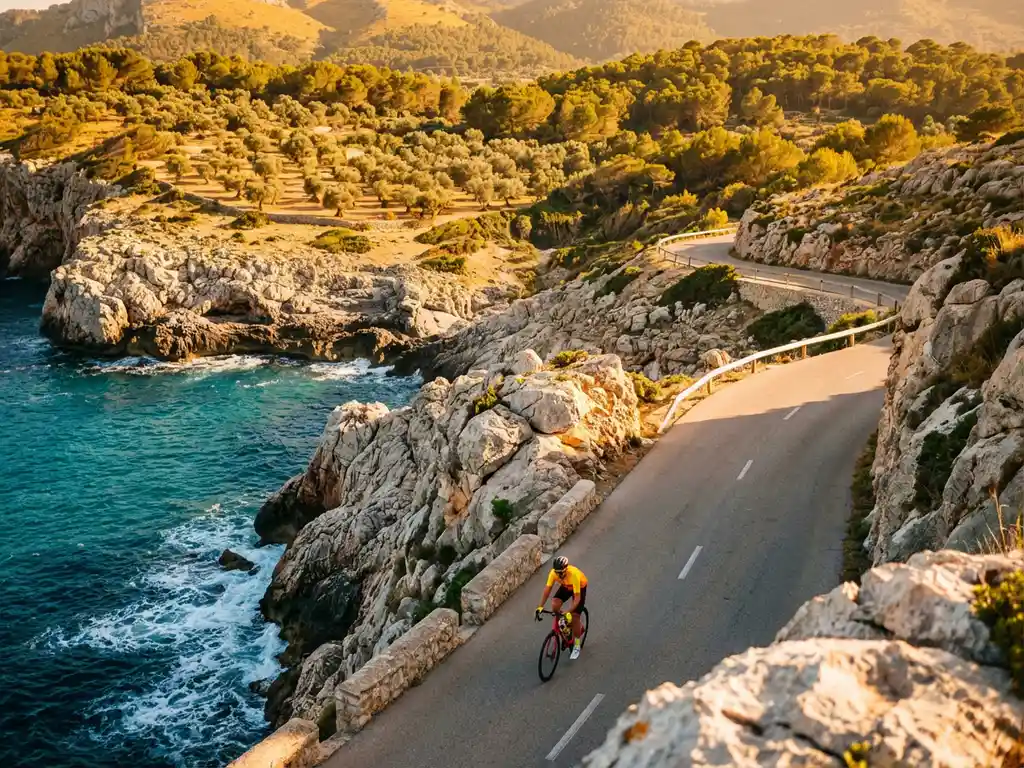 Fietser in sportkleding op kronkelende kustweg langs kliffen boven turquoise Middellandse Zee op Mallorca