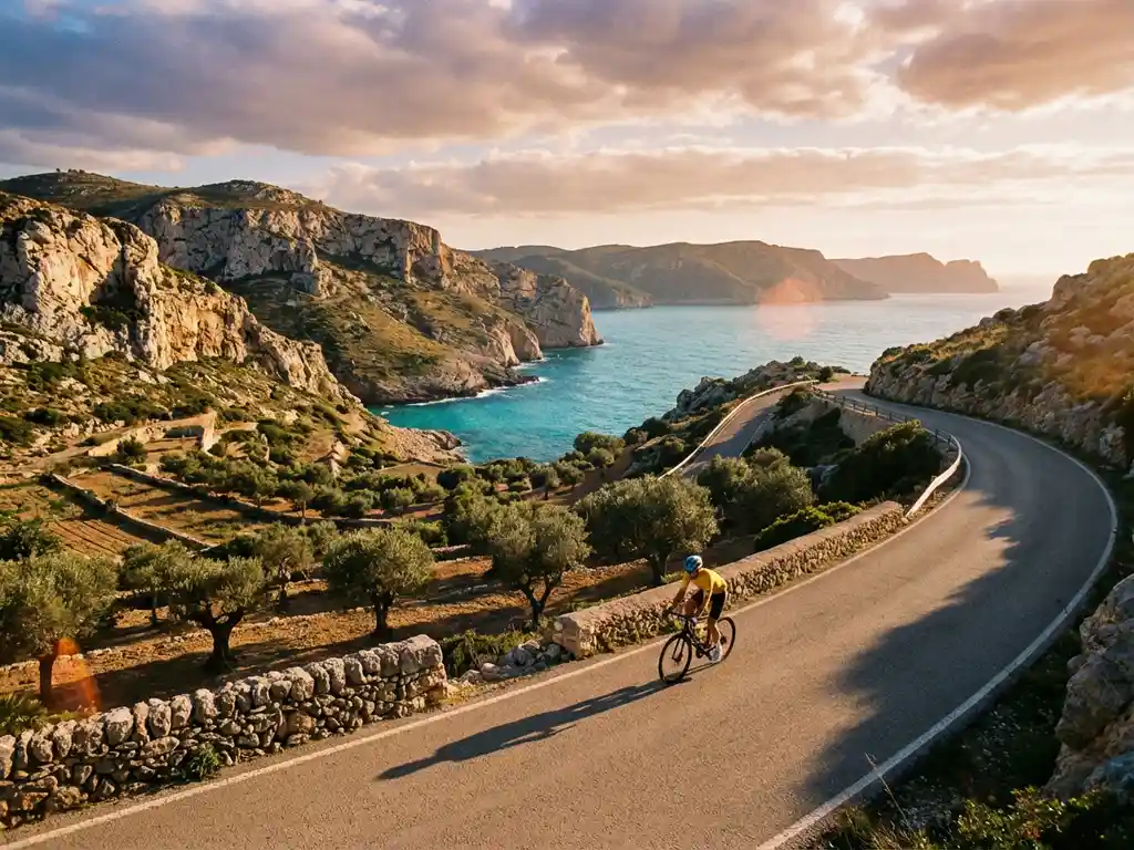 Radfahrer auf kurvenreicher Küstenstraße entlang dramatischer Kalksteinklippen über türkisblauem Mittelmeer bei Mallorca