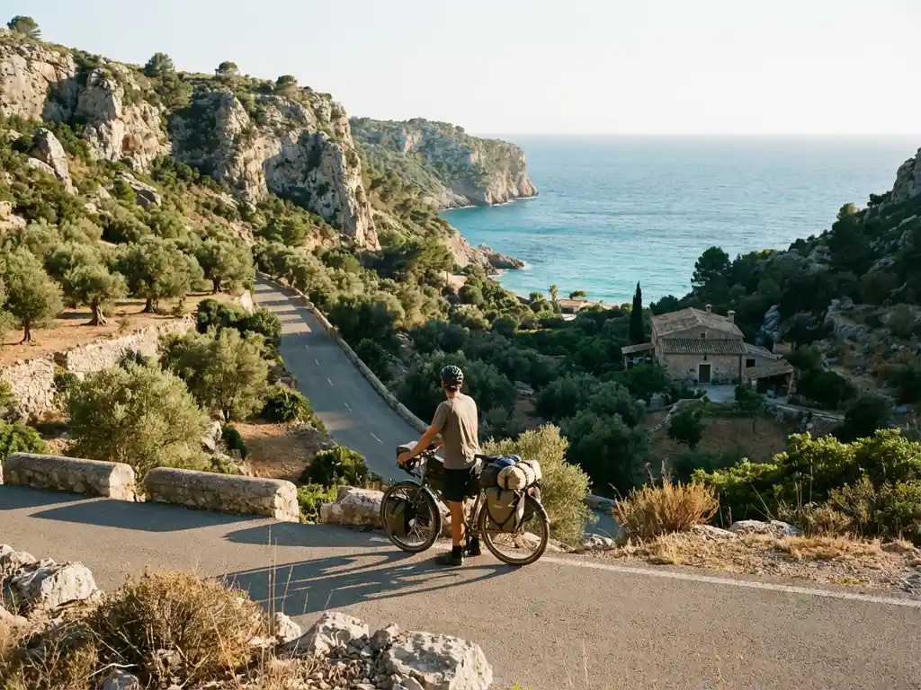 Radfahrer mit Gepäck pausiert an Küstenstraße in Mallorca mit Olivenhainen, Klippen und türkisfarbenem Meer