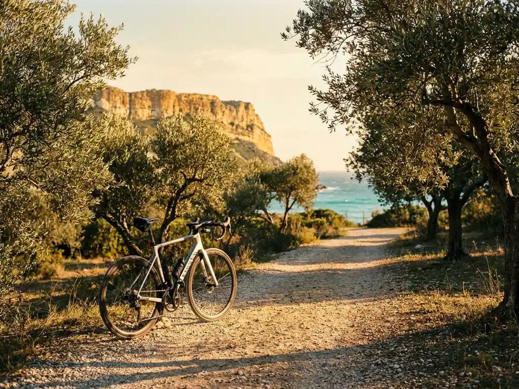 Rennrad auf malerischem Radweg durch Mallorcas Olivenhaine mit Kalksteinfelsen und Mittelmeerblick im Hintergrund
