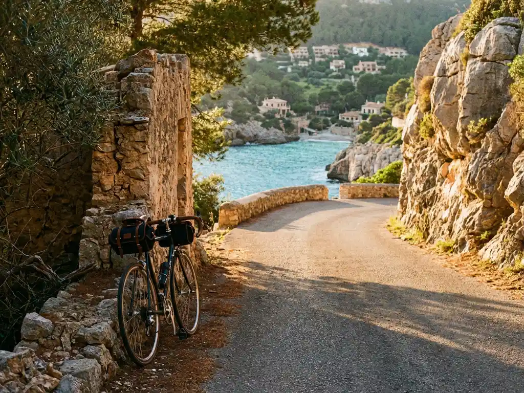 Rennrad vor dramatischen Kalksteinklippen und türkisfarbenem Mittelmeer auf kurvenreicher Bergstraße Mallorca