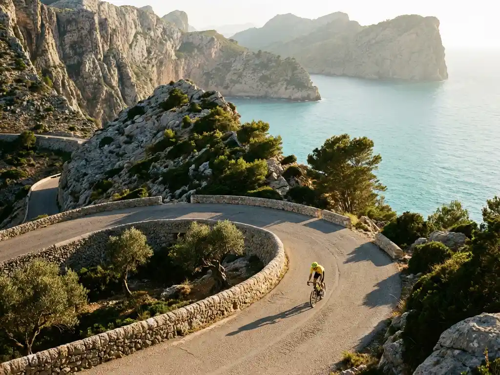 Fietser in felgekleurde kleding klimt bergweg langs kalkstenen kliffen boven de turquoise Middellandse Zee op Mallorca