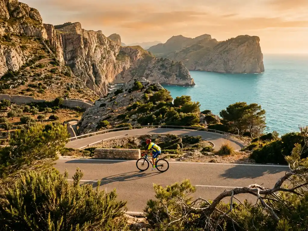 Fietser in felgekleurde kleding rijdt langs kustweg door kalkstenen kliffen boven turquoise Middellandse Zee op Mallorca