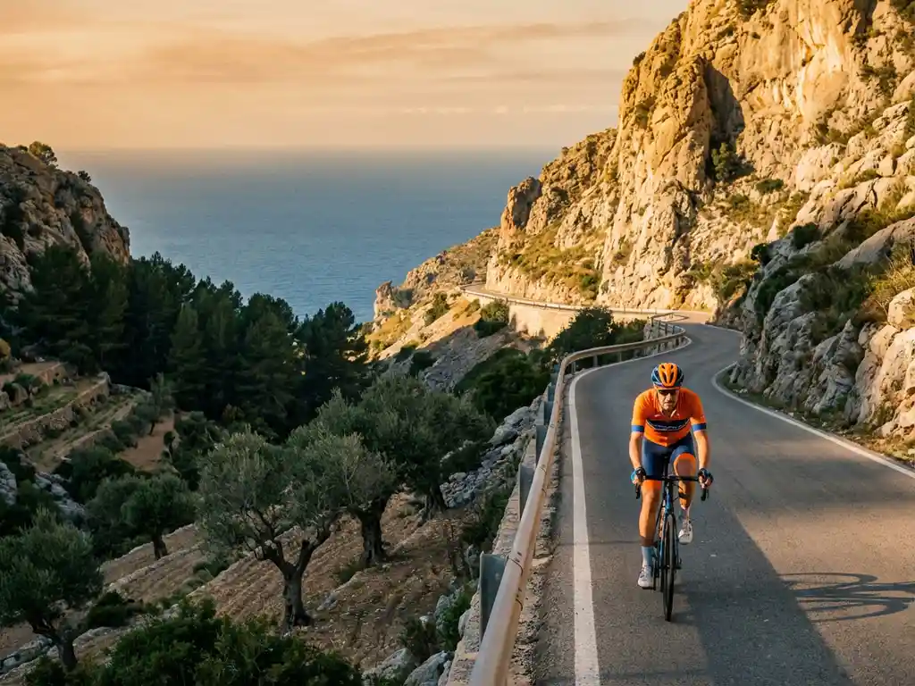 Wielrenner in felgekleurde kleding fietst bergopwaarts door Serra de Tramuntana met Middellandse Zee op achtergrond