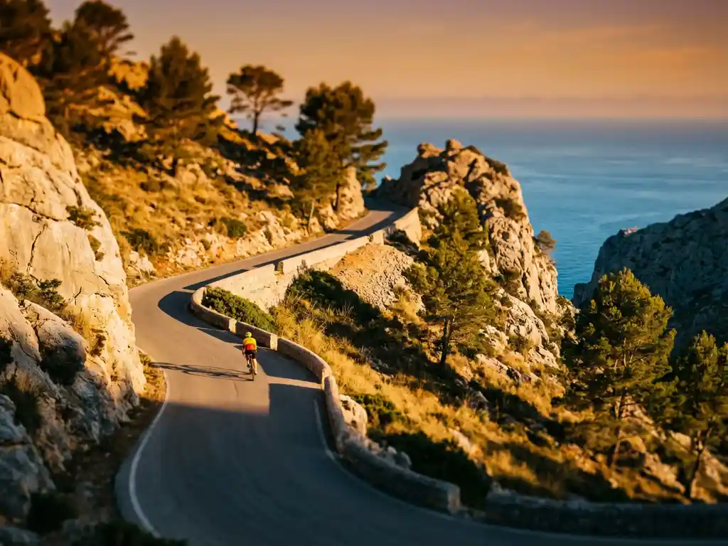 Wielrenner in felle kleding fietst bergopwaarts op kronkelende weg door Serra de Tramuntana kliffen, Mallorca
