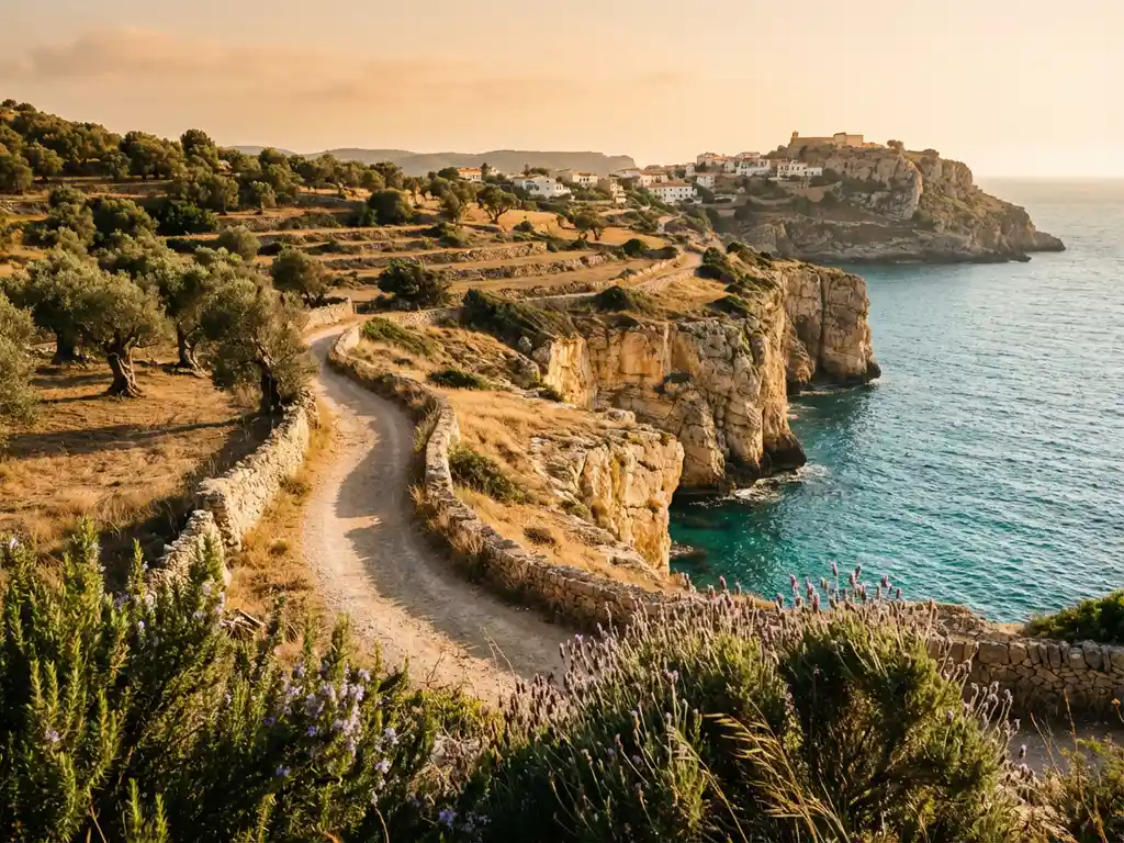 Mediterrane kustlijn met olijfbomen, steenterrassen en fietspad langs turkooizen zee naar wit dorp op rotsen
