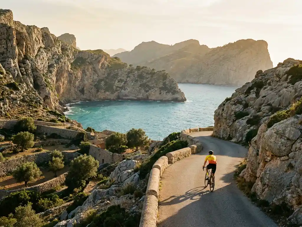 Fietser op kustpad langs kliffen boven Middellandse Zee, Tramuntana bergen op achtergrond, Mallorca