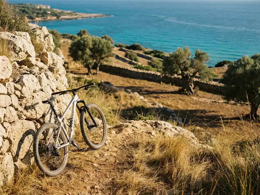 Mountainbike vor Kalksteinfelsen mit Blick auf türkisfarbenes Mittelmeer und mallorquinische Steinterrassen bei Sonnenschein