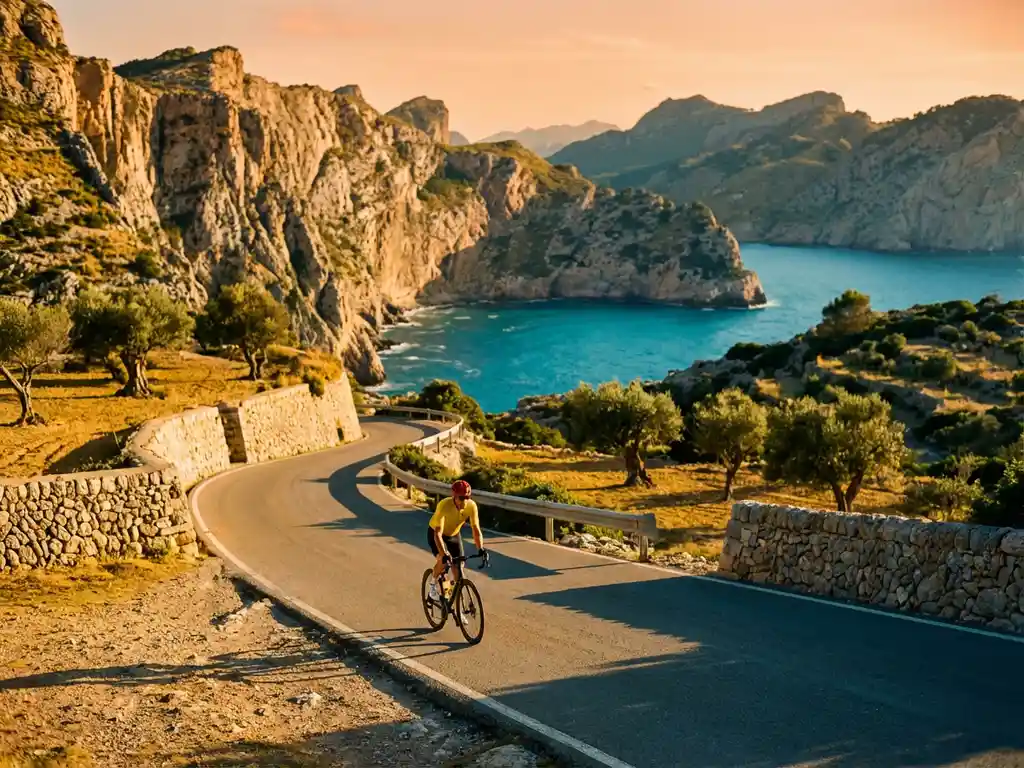 Radfahrer in bunter Sportkleidung auf Küstenstraße durch Kalksteinklippen mit Blick auf türkisfarbenes Mittelmeer