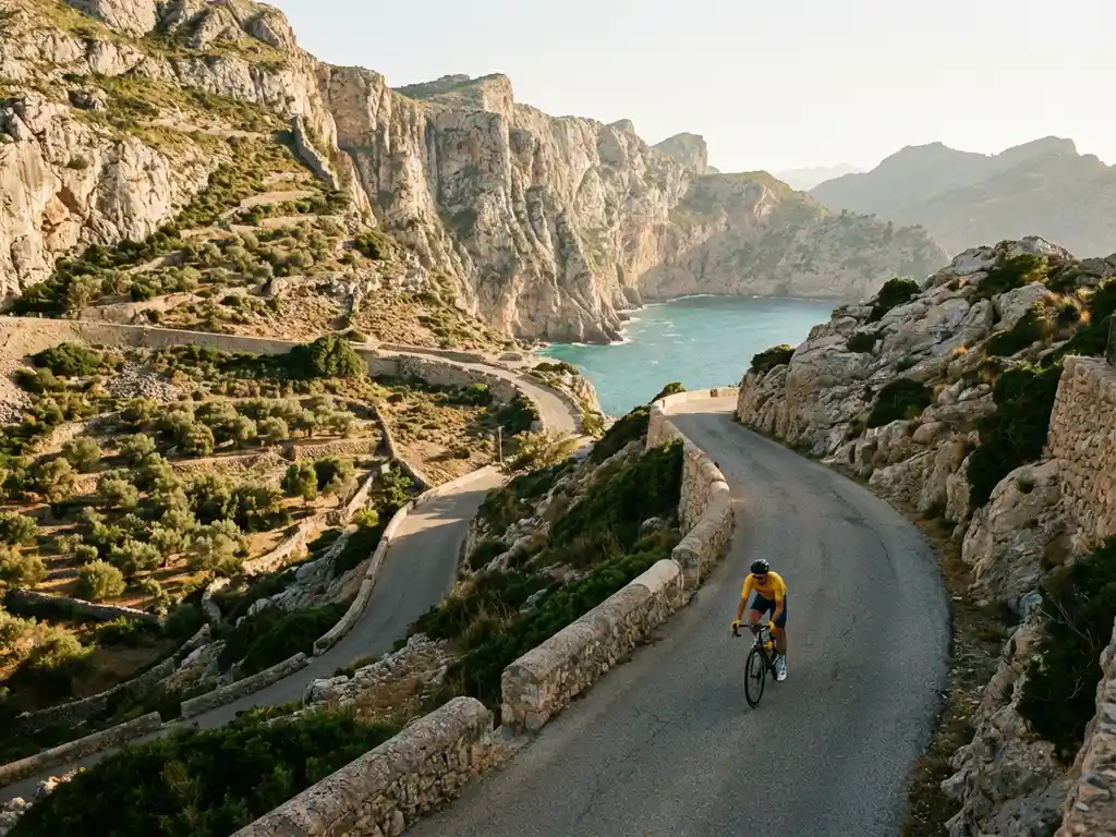 Radfahrer in bunter Sportkleidung auf Küstenstraße durch Kalksteinklippen am türkisblauen Mittelmeer, Mallorca Tramuntana