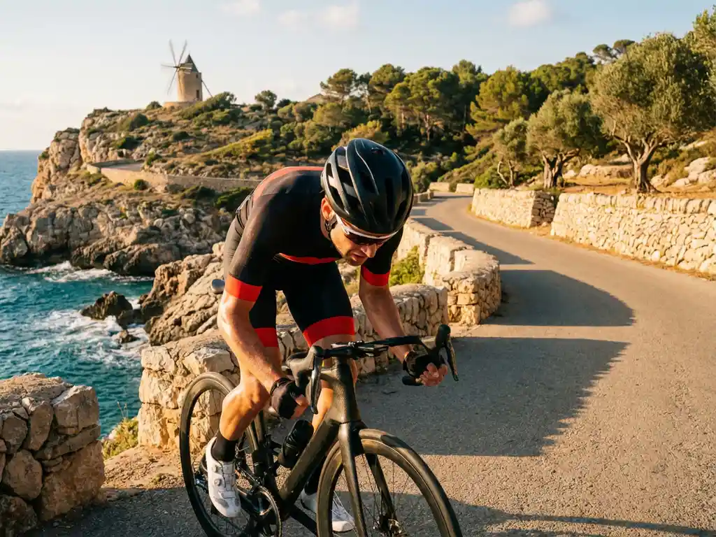 Professioneller Radfahrer in aerodynamischer Ausrüstung auf Küstenstraße entlang Kalksteinklippen über türkisfarbenem Mittelmeer