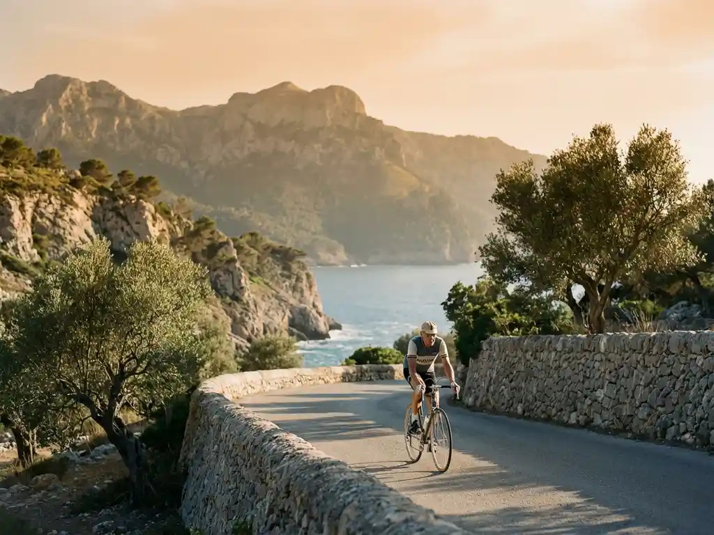 Radfahrer in den 50ern auf Küstenstraße Mallorca mit Tramuntana-Bergen, Olivenhainen und Mittelmeerblick bei goldenem Licht