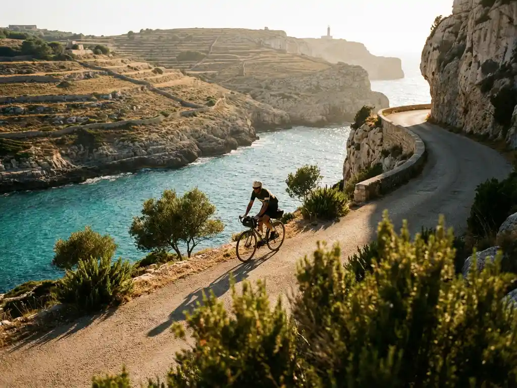 Radfahrer auf kurvenreicher Küstenstraße entlang dramatischer Kalksteinklippen mit türkisfarbenem Mittelmeer, Mallorca