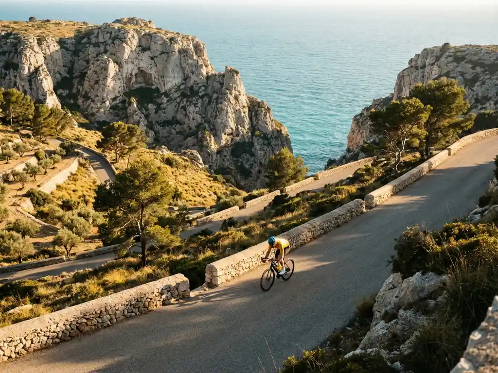 Radfahrer in bunter Sportkleidung auf Küstenstraße durch Kalksteinklippen am türkisfarbenen Mittelmeer auf Mallorca