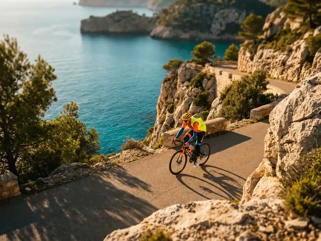 Radfahrer in Sicherheitskleidung auf Küstenstraße entlang mediterraner Klippen in Mallorca bei goldenem Sonnenlicht