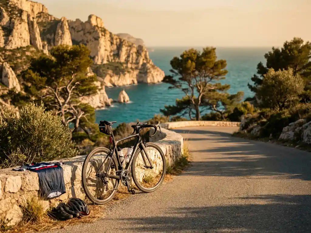 Rennrad auf Küstenstraße in Mallorca mit Kalksteinklippen und türkisblauem Mittelmeer bei goldenem Sonnenlicht