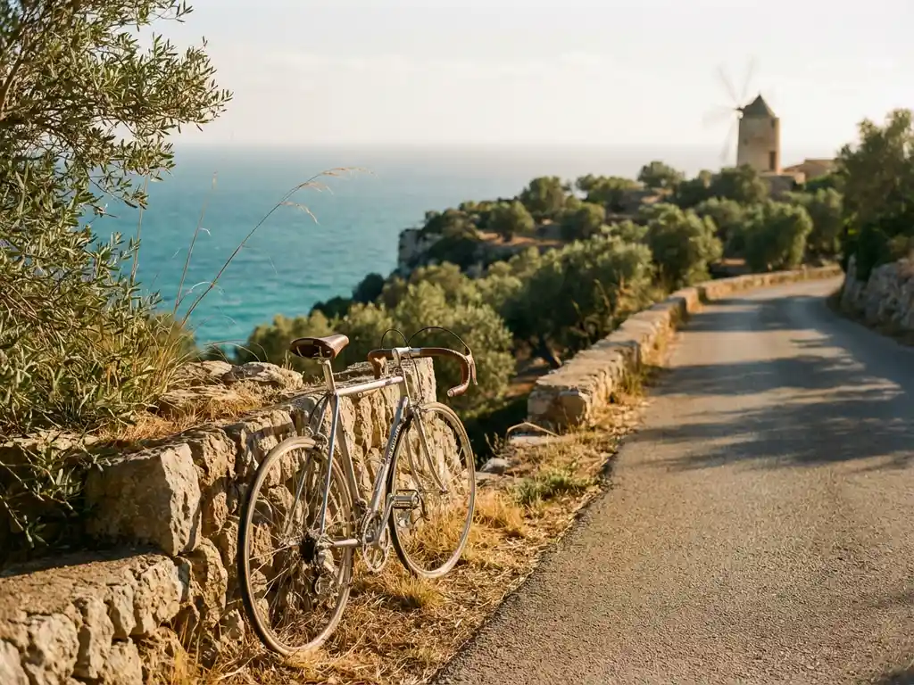 Rennrad an mediterraner Küstenstraße auf Mallorca mit Olivenhainen, Windmühle und türkisfarbenem Meer bei Sonnenuntergang