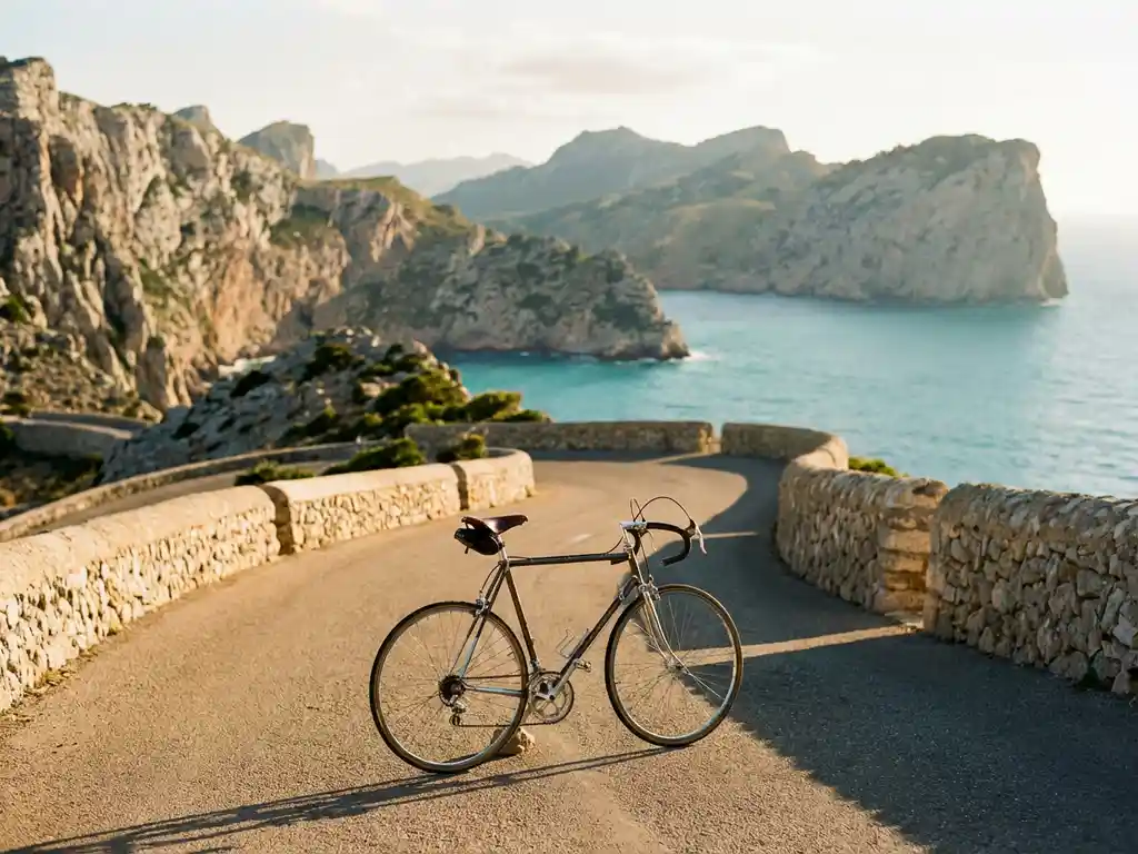 Rennrad auf kurvenreicher Küstenstraße in Mallorca mit Blick auf türkisfarbenes Mittelmeer und Kalksteinklippen