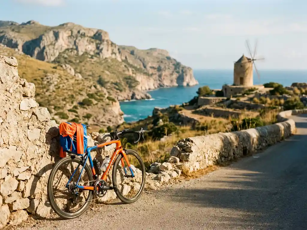 Rennrad mit Ausrüstung vor mediterraner Steinmauer, Serra de Tramuntana Klippen und türkises Meer auf Mallorca