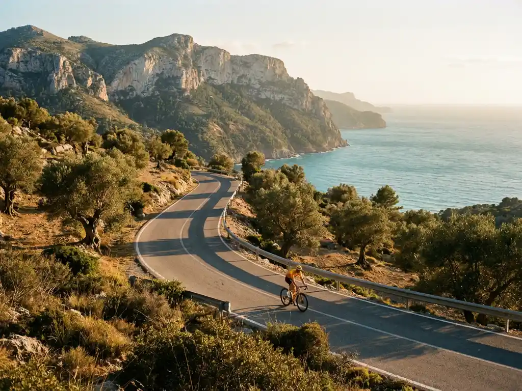 Wielrenner in felgekleurde kleding fietst langs kronkelende kustweg door gouden heuvels met olijfbomen op Mallorca