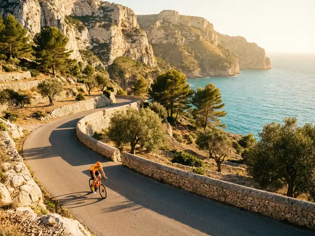 Professionele wielrenner in felgekleurde kleding fietst langs kronkelende kustweg met Middellandse Zee op Mallorca