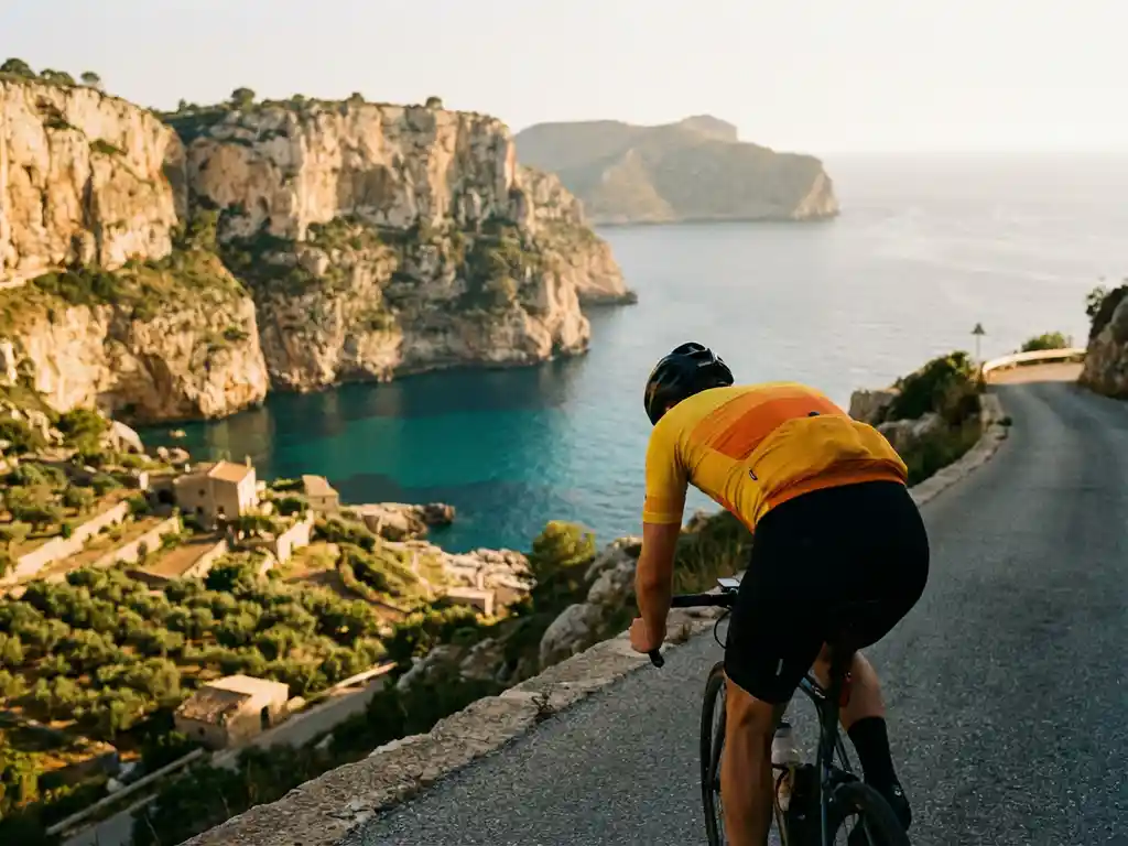 Wielrenner in kleurrijke kleding fietst langs kustweg door kalkstenen kliffen boven turquoise Middellandse Zee op Mallorca