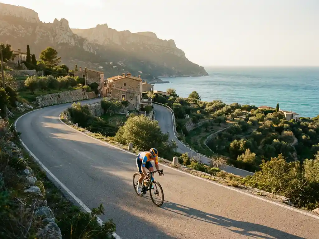 Professionele wielrenner fietst langs kustweg met Serra de Tramuntana kliffen en Middellandse Zee op Mallorca
