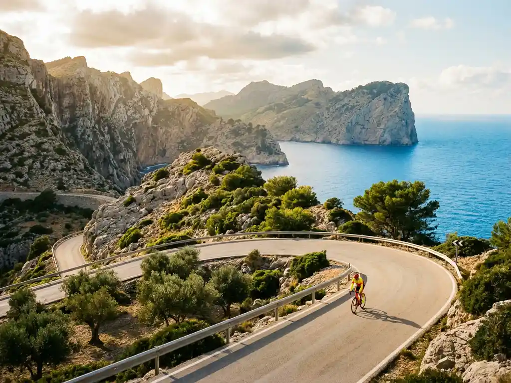Wielrenner in kleurrijke kleding fietst bergopwaarts op bergweg door Serra de Tramuntana kliffen, Middellandse Zee op achtergrond