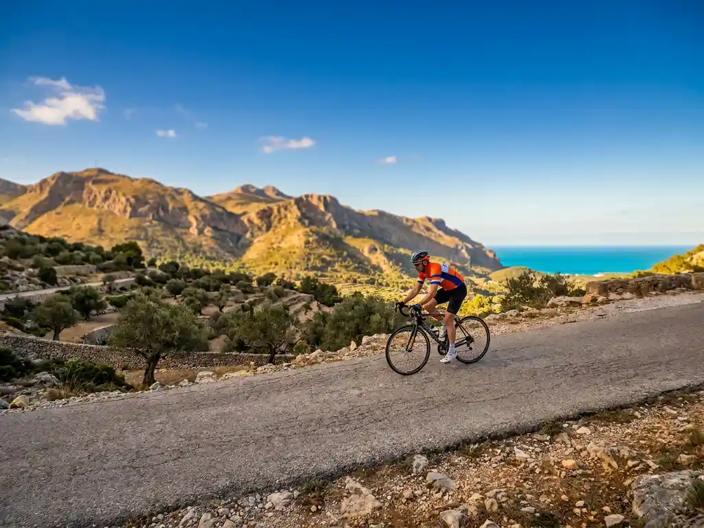 Cyclist in bright kit cresting a Mallorca mountain pass, Serra de Tramuntana ridgeline, olive groves, and turquoise Mediterranean sea in golden-hour light.