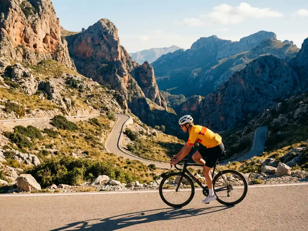 Cyclist in bright kit cresting a Mallorca mountain pass, with Serra de Tramuntana limestone peaks and a winding road descending into the valley.