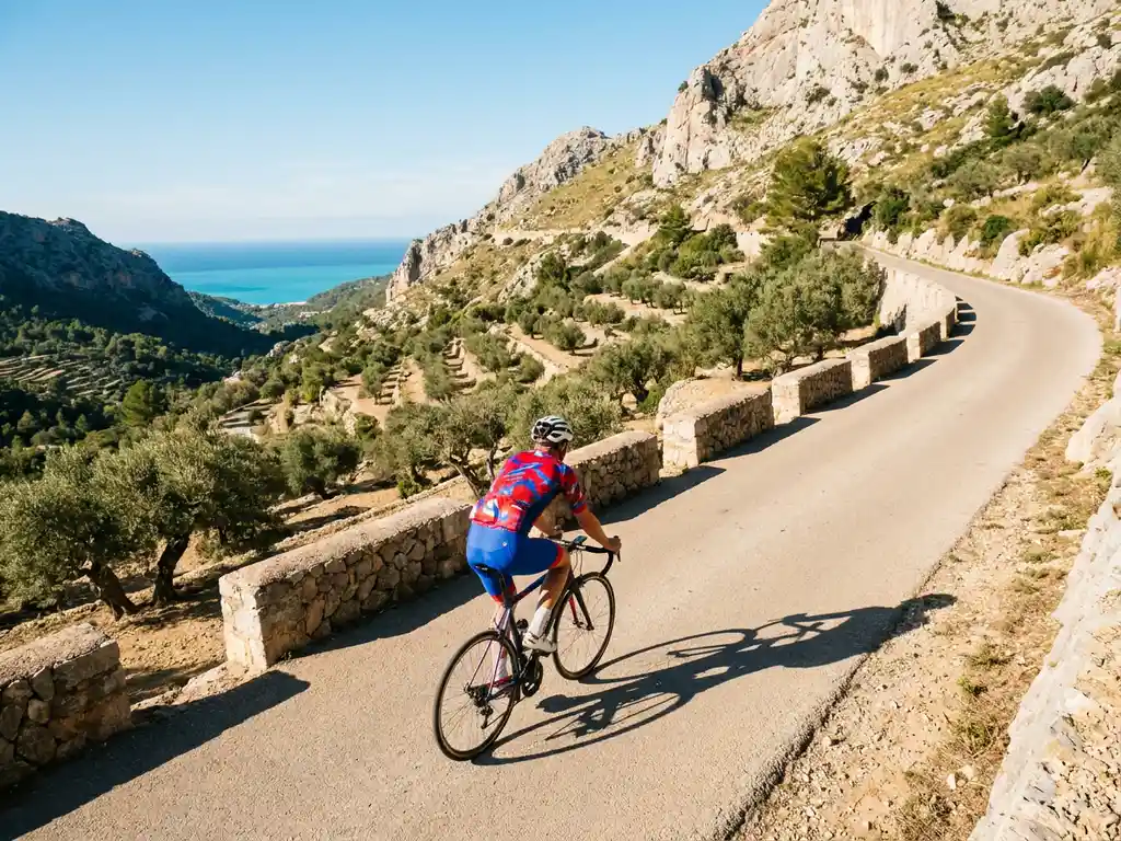 Cyclist in red kit climbing a winding mountain road in Mallorca's Serra de Tramuntana, with limestone cliffs, olive groves, and turquoise sea below.